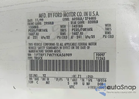 2000 Ford F-150 Work Series/Xl/Xlt z USA, uszkodzony, nr VIN 1FTRF17W7YKA56989